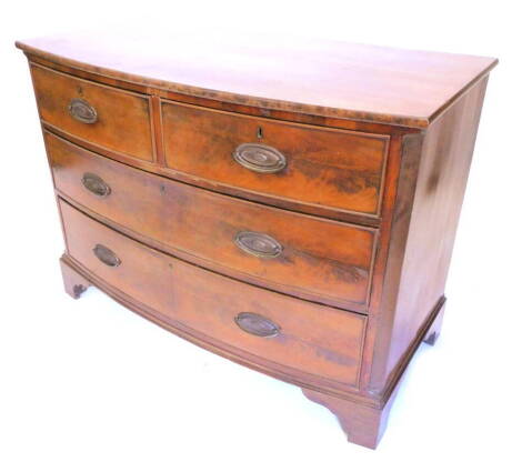 An early 19thC mahogany bow fronted chest of two short and three long drawers, on bracket feet, 107cm wide.