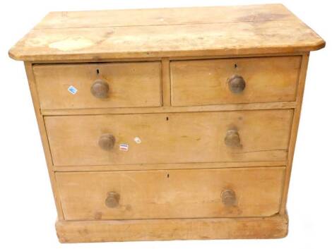 A Victorian pine chest of drawers, the rectangular top with canted front corners, above two short, two long drawers on plinth base, 91cm W.