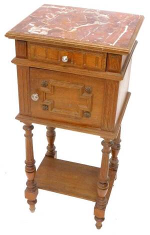 A French oak pot cupboard, the rectangular top with a rouge marble inset above a frieze drawer and a raised panel door, on turned supports with under tier, 40cm W.