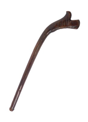 A Fijian wooden 19thC war club or kiakavo, with a gun stock head and tapering shaft of plain form, with a domed knop, 102cm L.