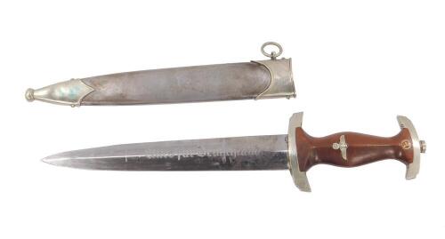 A Sturmabteilung SA dagger, the steel blade by Kaufmann & Sohne Solingen, engraved Alles fur Deutschland, with metal scabbard, 37cm L.