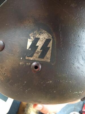 An SS Panzer Division Hitlerjugend helmet, belonging to Sturmmann Erhard Kinscher born in 1926 and served 1943-1945, with decals, 23cm W. - 5