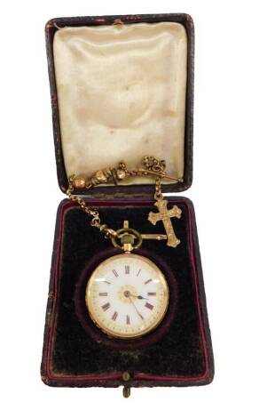 A lady's 14ct gold late 19thC pocket watch, open faced, keyless wind, circular white dial bearing Roman numerals, the case with foliate engraving, shield reserve, on a 9ct gold fancy link Albert chain, on a snap clasp, with two engraved crosses, 40.1g all