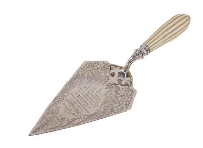 A Victorian silver presentation trowel, engraved with ferns, engraved "Presented to Mr Edwin Hamer, by the Trustees of the Wesleyan Chapel Woolfold, on the occasion of his laying one of the memorial stones, April 28th 1877", with a fluted ivory handle, El