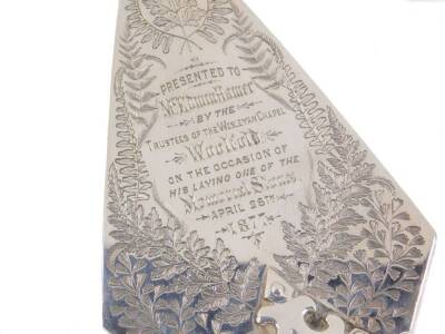 A Victorian silver presentation trowel, engraved with ferns, engraved "Presented to Mr Edwin Hamer, by the Trustees of the Wesleyan Chapel Woolfold, on the occasion of his laying one of the memorial stones, April 28th 1877", with a fluted ivory handle, El - 2