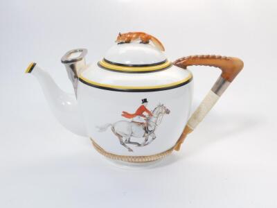 A Royal Worcester mammoth teapot, the lid with fox finial, riding crop handle, painted with a huntsman on horseback, and a huntswoman and butler, printed mark, 40cm W, 26cm H. - 2