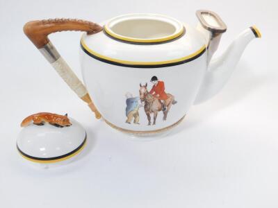 A Royal Worcester mammoth teapot, the lid with fox finial, riding crop handle, painted with a huntsman on horseback, and a huntswoman and butler, printed mark, 40cm W, 26cm H. - 4