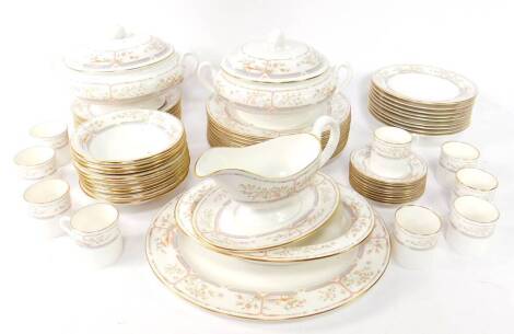 A Royal Worcester porcelain part dinner and coffee service, decorated in the Lagoon pattern, comprising oval meat platter, oval dish, pair of vegetable tureens and covers, sauce boat on stand, nine dinner, soup and dessert plates, nine fruit bowls, coffee