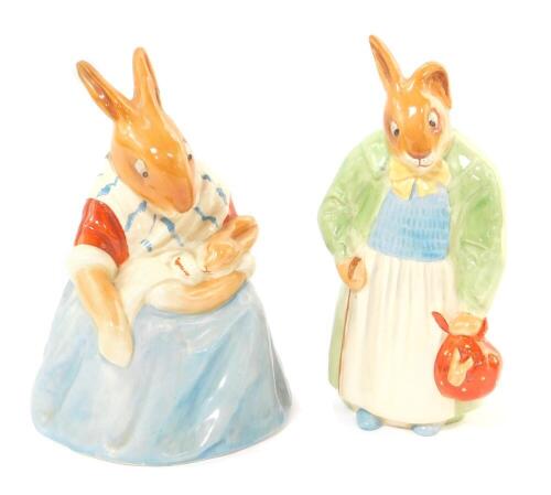 Two Royal Doulton Bunnykins figures, modelled as Farmer Bunnykin, 8304, and Mother Bunnykin, 8305, printed and impressed marks (AF). (2)