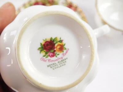 A Royal Albert porcelain part tea service, decorated in the Old Country Roses pattern, comprising teapot, bread plate, cream jug, sugar bowl, six tea cups, saucers and plates. - 2