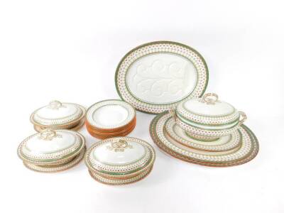 A Minton late 19thC pottery part dinner service, decorated in the Venetian pattern, comprising three graduated meat plates, soup tureen on stand, three vegetable tureens and covers and stands, and ten soup plates.