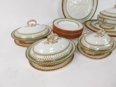 A Minton late 19thC pottery part dinner service, decorated in the Venetian pattern, comprising three graduated meat plates, soup tureen on stand, three vegetable tureens and covers and stands, and ten soup plates. - 3