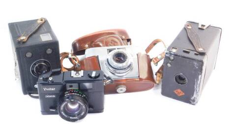 An Agfa camera, with a Silette Prontor-SVS lens, Vivitar 35ES camera, Kodak Brownie Junior six-20 camera and an Agfa box camera (4).