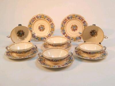 A set of six Crown Ducal Florentine pattern two-handled soup cups and stands