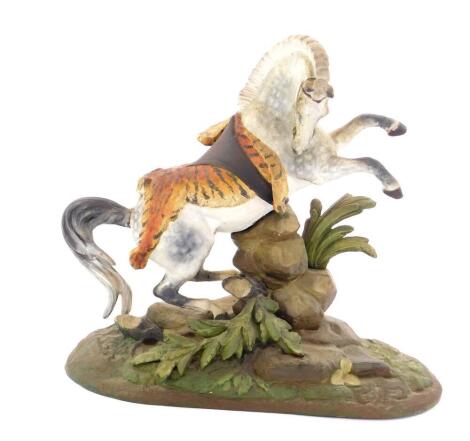 An early 20thC cold painted lead figure of a prancing horse, draped in a tiger skin, on a naturalistic oval base, 23cm L. (AF)