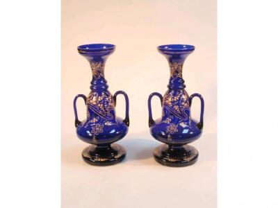 Pair of late 19thC Bristol blue glass 2 handled baluster vases painted