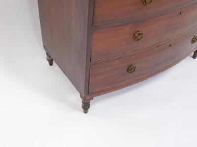 A George III mahogany bow front chest of drawers, with two short over three long graduated drawers raised on turned legs, 90cm H, 91cm W, 50.5cm D, - 3