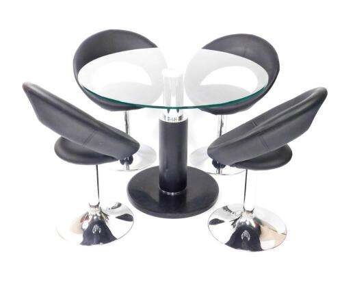 A modern circular glass topped breakfast table, raised on a white metal and faux black leather column on a circular base, 75cm H, 100cm Dia, together with four black faux leather swivel dining chairs, raised on white metal columns and bases. (5)