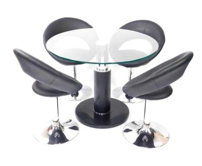 A modern circular glass topped breakfast table, raised on a white metal and faux black leather column on a circular base, 75cm H, 100cm Dia, together with four black faux leather swivel dining chairs, raised on white metal columns and bases. (5)