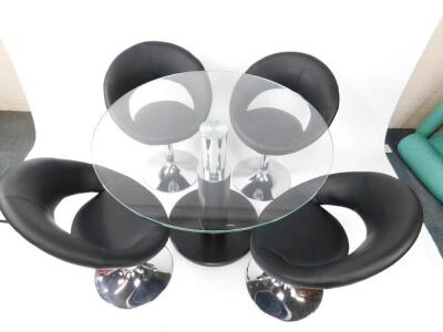 A modern circular glass topped breakfast table, raised on a white metal and faux black leather column on a circular base, 75cm H, 100cm Dia, together with four black faux leather swivel dining chairs, raised on white metal columns and bases. (5) - 2