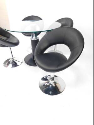 A modern circular glass topped breakfast table, raised on a white metal and faux black leather column on a circular base, 75cm H, 100cm Dia, together with four black faux leather swivel dining chairs, raised on white metal columns and bases. (5) - 3