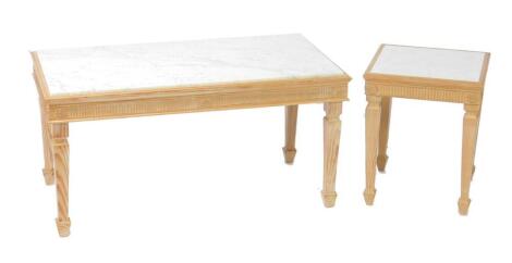 An Adam style pine and veined white marble rectangular occasional table, raised on tapering square legs and spade feet, 48cm H, 95cm W, 49.5cm D, and a similar square occasional table, 47cm H, 38cm Dia. (2)