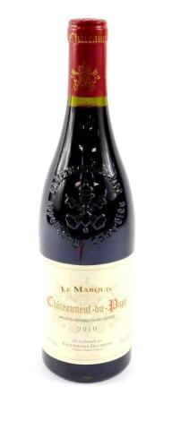 A bottle of Le Marquis Chateauneuf Du Pape 2010, 750ml, Cellier des Dauphins Tulette Drome.