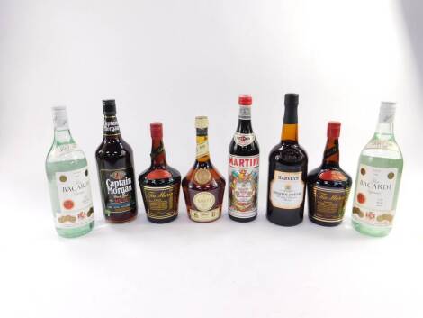 Two bottles of Bacardi, 1 litre, two bottles of Tia Maria, a bottle of Benedictine, Captain Morgan Black Label Rum, Harveys Bristol Cream sherry and a bottle of Martini (8)