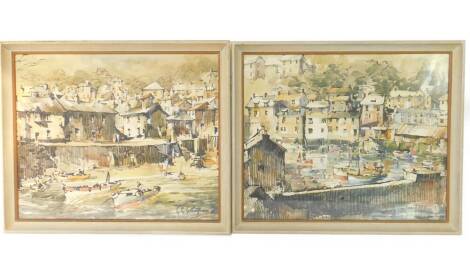 Grenville G Cottingham (British, 1943 - 2007). Polperro, Cornish harbour scene, a pair of gouache and watercolour, signed, dated 1960, 50cm H, 60cm W.