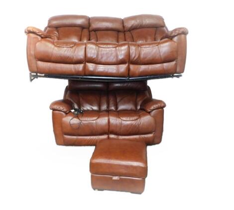 A brown leather three seater electric recliner sofa, 220cm W, a two seater manual recliner sofa, 165cm W, and an ottoman stool, 57cm Dia. (3)