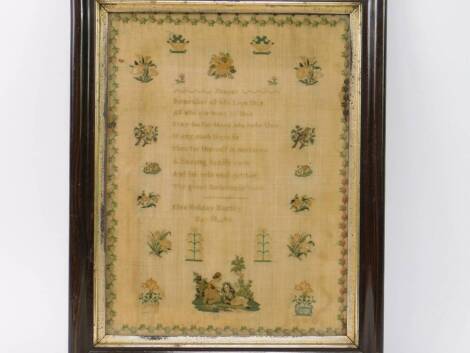 A Victorian sampler by Ellen Holliday Martley, May 18_46, decorated with a prayer 'Remember All Who Love Thee ..... Thy Great Redeemers Name', flowers, bird and dog, within a repeating floral border, 43cm x 32.5cm.