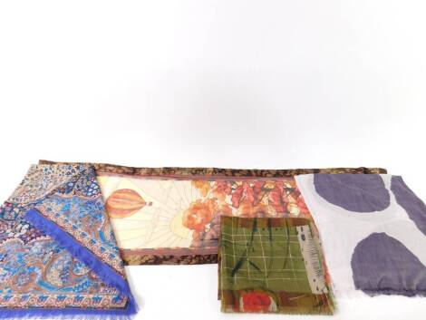 Two Liberty print wool scarves, 130cm x 126cm, and 134cm x 131cm, Jaeger modal scarf decorated with purple spots, 200cm x 92cm, and a Seric silk scarf, decorated with hot air balloons flying over a wood, 161cm x 48cm. (4)