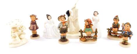 Four Royal Doulton figures, comprising The Enchantment Collection, The Magpie Ring HN2978, and April Showers 893024, together with Amanda HN3635, and Welcome HN3764, latter two boxed, together with five Hummel figures, including Which Hand?, and Brother. 