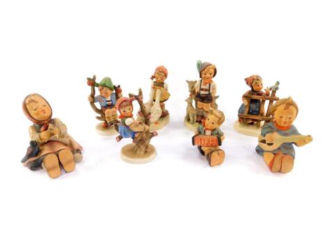 Eight Hummel figures, comprising Signs of Spring, Happy Pastime, Apple Tree Girl, Little Goat Herder, Goose Girl, Apple Tree Boy, Joyful, and Accordion Boy.