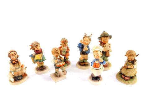 Eight Hummel figures, comprising Be Patient, Busy Student, Baker, Lost Sheep, Mother's Helper, Boy with Toothache, and Little Drummer.