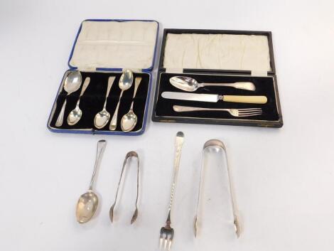 A pair of George IV silver sugar tongs, London 1823, a pair of Victorian silver sugar tongs, Sheffield 1895, Victorian pickle fork with bright cut engraving, Birmingham 1897, Georgian and later tea and coffee spoons, jam spoon and a fork, 7.39oz.