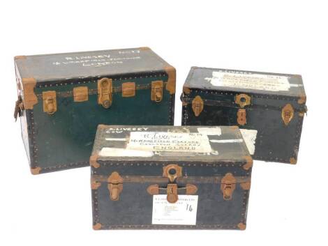 Three green painted and metal bound cabin trunks, early 20thC, bears various labels, named to R Livesey, 60cm H, 92cm W, 54cm D, 47cm H 77cm W, 44cm D, and 41cm H, 77cm W, 44cm D.