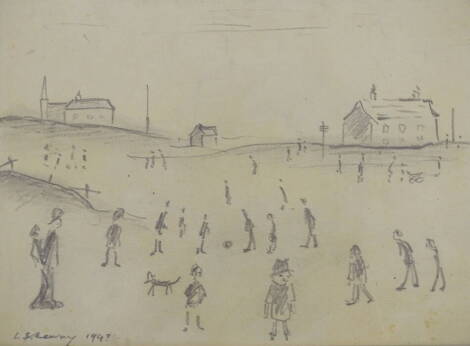 Laurence Stephen Lowry (1887-1976). Figures in a park, with buildings in the background, signed and dated 1943, 14.5cm x 20.5cm. Provenance: Lot 118 Capes Dunn, Manchester April 2006.