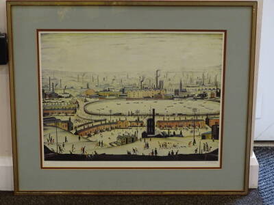 Laurence Stephen Lowry (1887-1976). The Pond, artist signed coloured print, 46cm x 58cm. Label verso Bernhardt Gallery, Darlington, with copy of 1973 invoice, and exhibition catalogue. - 2