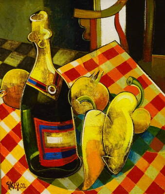 Geoffrey Key (b.1941). Bottle and Capsicums, oil on canvas, signed, dated (20)02 and titled verso, 59.5cm x 49.5cm.