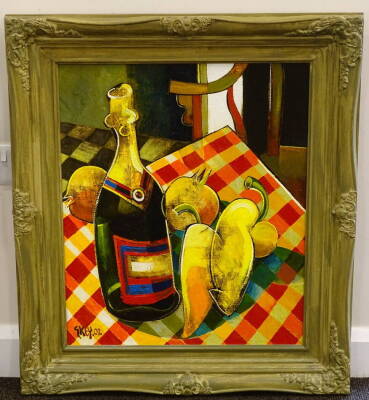 Geoffrey Key (b.1941). Bottle and Capsicums, oil on canvas, signed, dated (20)02 and titled verso, 59.5cm x 49.5cm. - 2