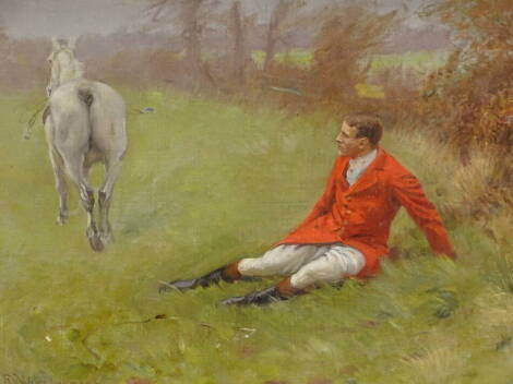 Rowland Wheelwright (1870-1955). Fallen huntsman, oil on canvas, signed, 29cm x 38cm.