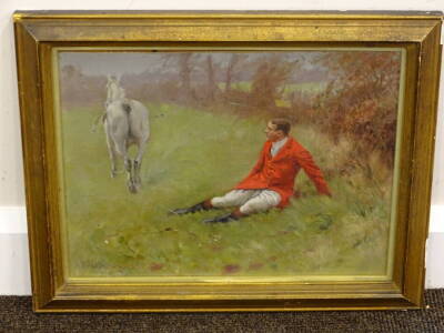 Rowland Wheelwright (1870-1955). Fallen huntsman, oil on canvas, signed, 29cm x 38cm. - 2