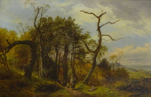 Edward Henry Holder (1847-1922). Figures collecting firewood, woodland coastal scene, oil on canvas, signed, 49cm x 74.5cm.