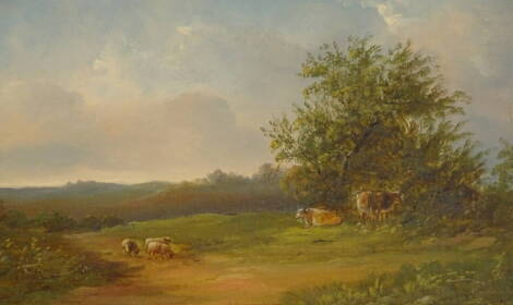 19thC British School. Sheep and cattle in rural scene, oil on board, indistinctly signed, 29cm x 44.5cm.