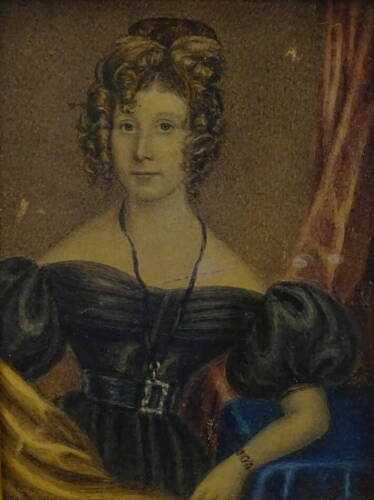 19thC British School. Half length portrait of a lady, watercolour, 10cm x 7.5cm.