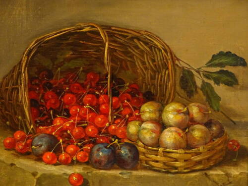 Morel (19thC). Still life, cherries and fruits with a basket, oil on canvas, signed, 32.5cm x 42.5cm.