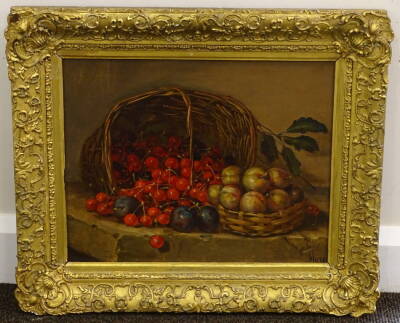 Morel (19thC). Still life, cherries and fruits with a basket, oil on canvas, signed, 32.5cm x 42.5cm. - 2