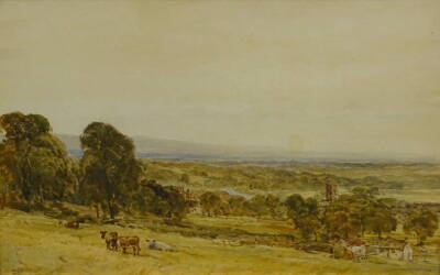 Edmund Morison Wimperis (1834-1900). Landscape with cattle and church, watercolour, signed, 33cm x 51cm.