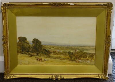Edmund Morison Wimperis (1834-1900). Landscape with cattle and church, watercolour, signed, 33cm x 51cm. - 2